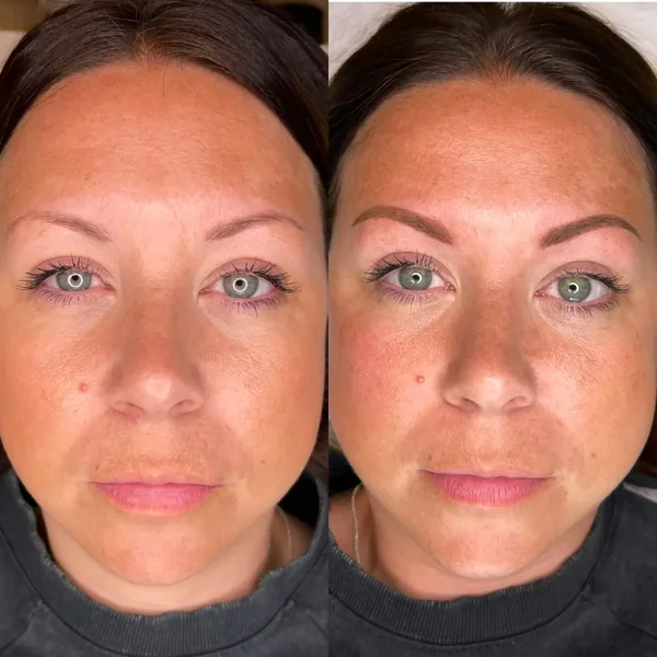 Brows balanced and softly shaped with powder brows, before and after