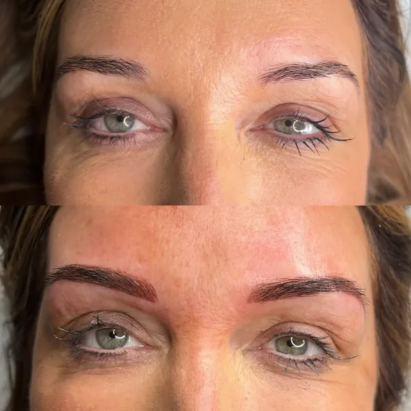 Powder brows with a subtle hair stroke effect, before and after
