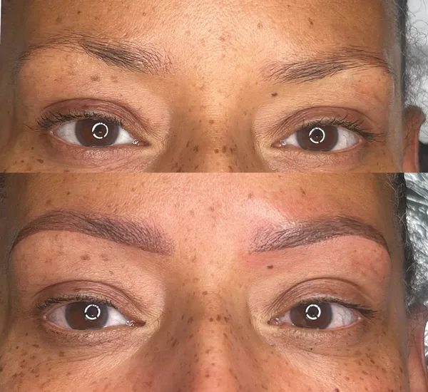 Fuller, softly shaded powder brows, before and after