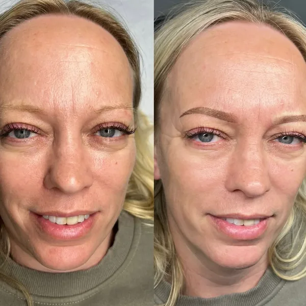 Naturally fuller brows after powder brows, before and after
