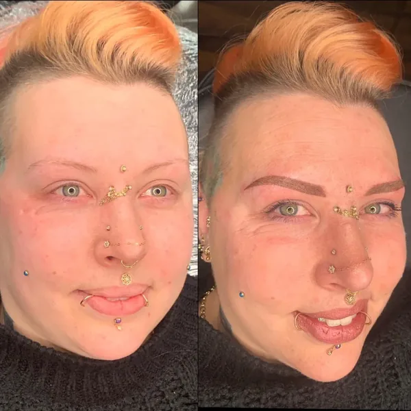 A bold brow transformation with powder brows, before and after