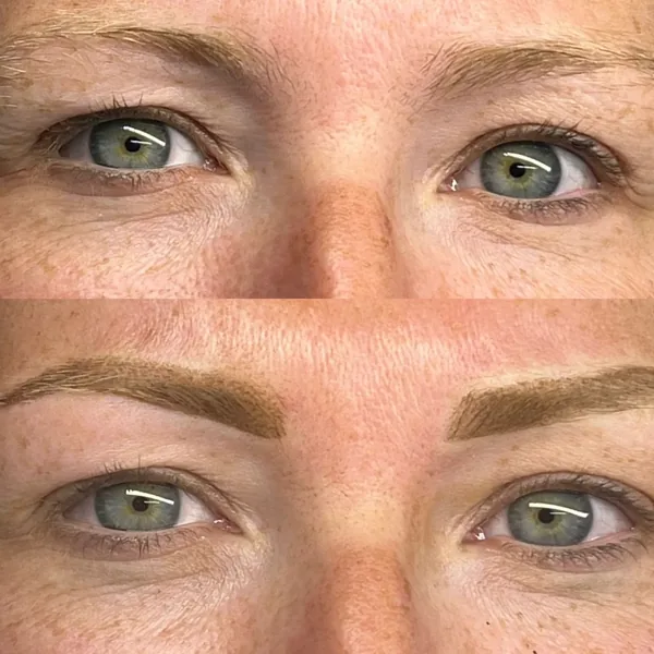Close-up of softly shaded powder brows, before and after