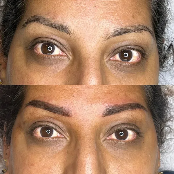 Fuller dark brows with powder brows, before and after