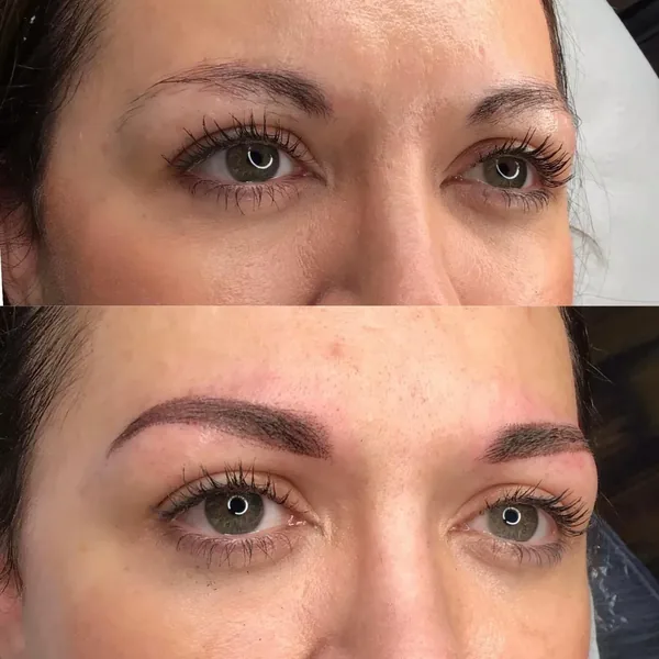 Close-up of brow shape enhanced with powder brows, before and after