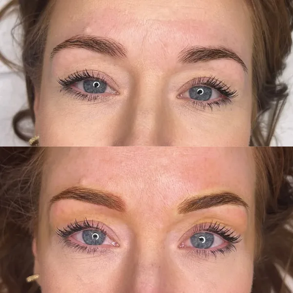 An even, softly arched brow with powder brows, before and after