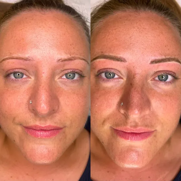 Powder brows framing the eyes with soft definition, before and after