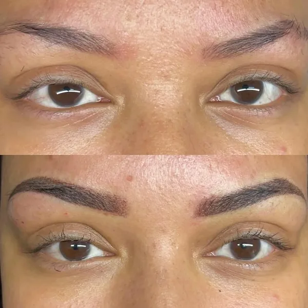 Close-up of full brows refined with powder brows, before and after