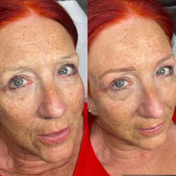 Sparse brows on a mature client restored with powder brows, before and after