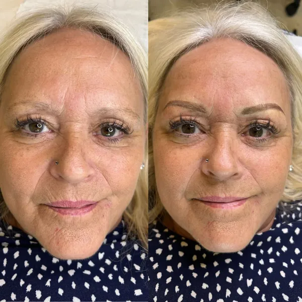 Fuller brows for a mature client with powder brows, before and after