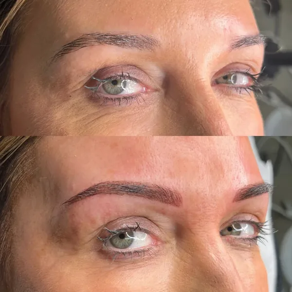 The natural brow arch enhanced with powder brows, before and after