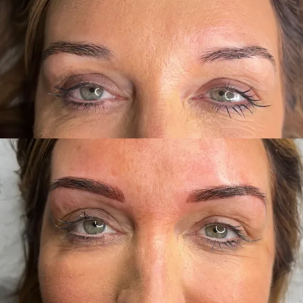 Close-up of natural brow hair enhanced with powder brows, before and after