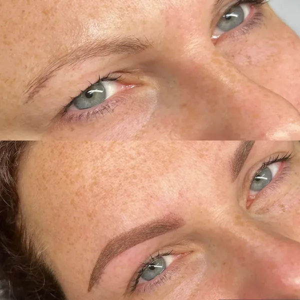Close-up of a fuller natural brow shape with powder brows, before and after