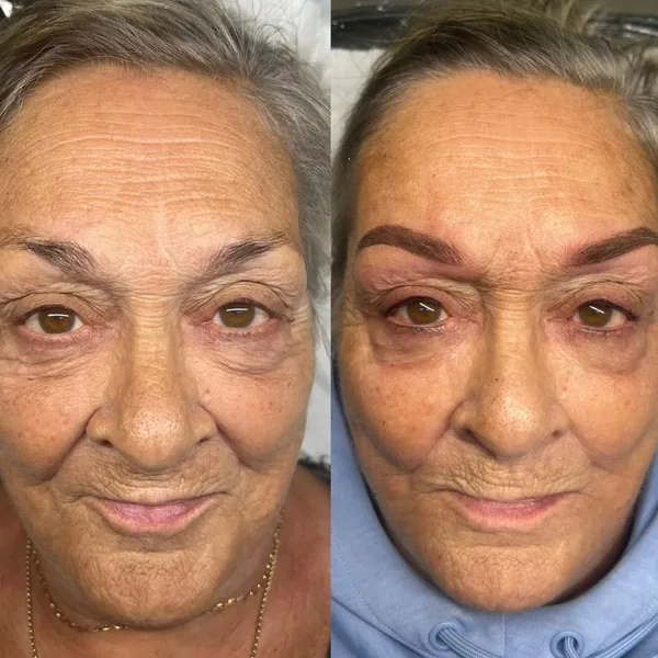 Thinning brows restored with powder brows, before and after