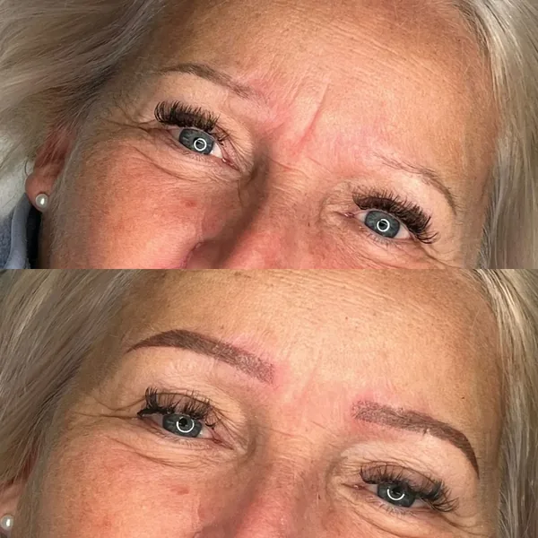Sparse brows on a senior client restored with powder brows, before and after