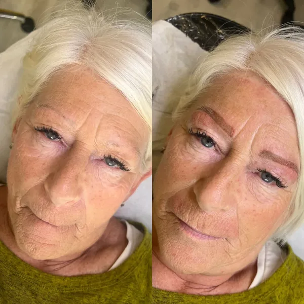 Natural-looking powder brows for a senior client, before and after