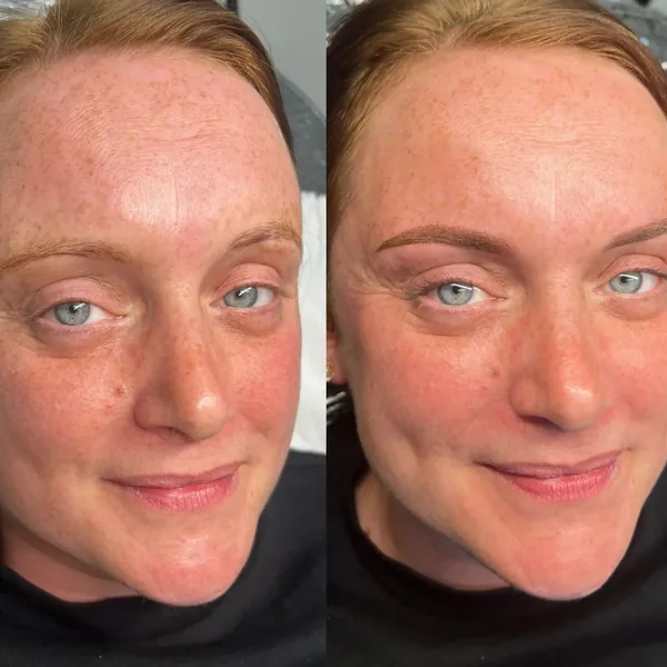Fair brows given soft definition with powder brows, before and after