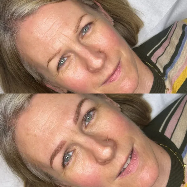 A smooth, softly defined powder brow finish, before and after