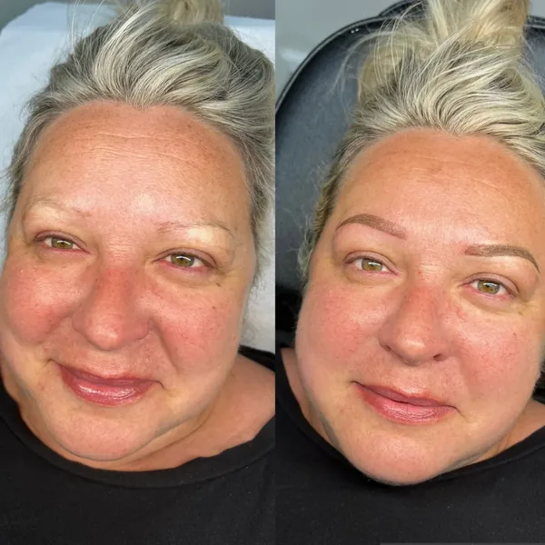 Sparse brows filled in with soft powder brows, before and after
