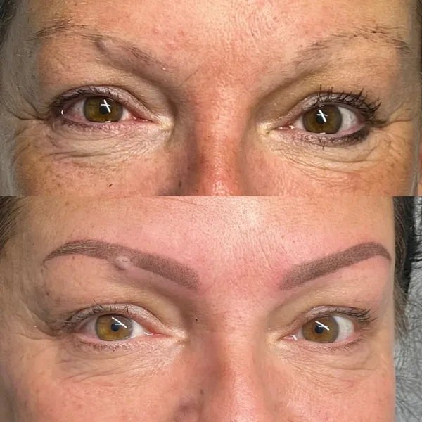 Close-up of sparse brows restored with powder brows, before and after