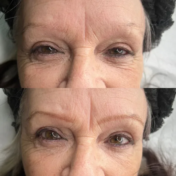Light thinning brows subtly enhanced with powder brows, before and after
