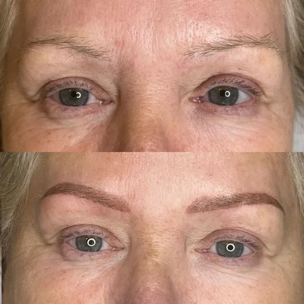 Thin brows on a mature client filled with powder brows, before and after