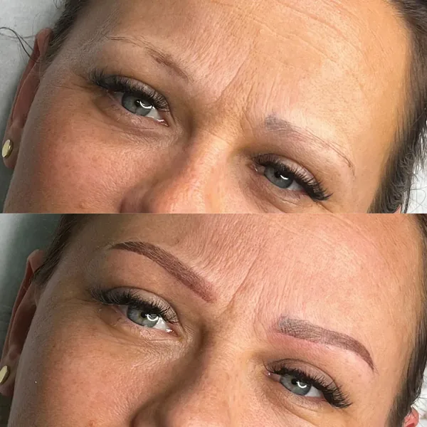 Sparse brows given natural shape with powder brows, before and after