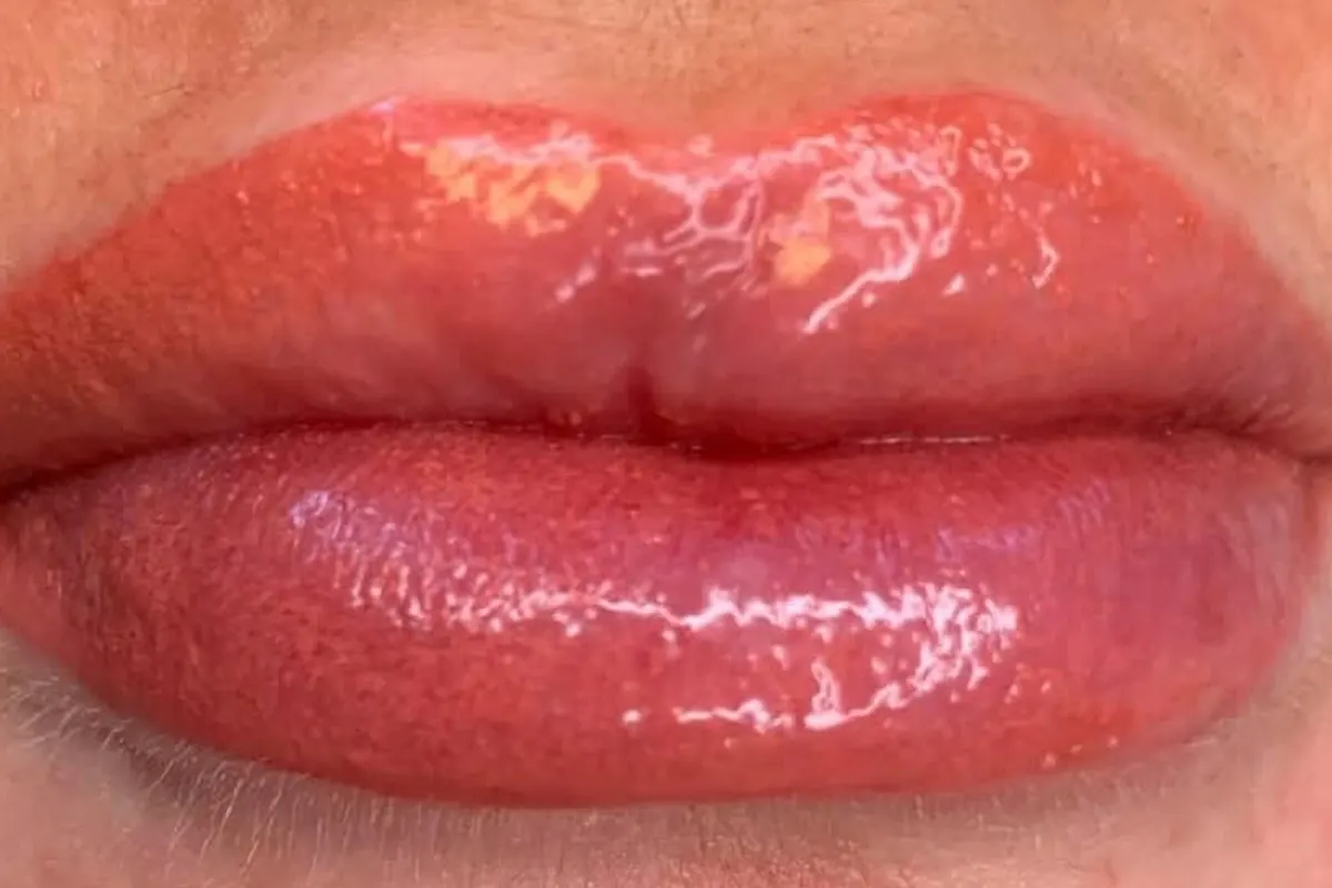 Before and after lip blush, showing lips healed to an even, natural flush of colour.